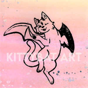 'silly kittybat' linoprint
