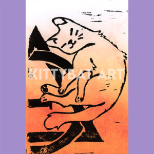 'the cat inside' linoprint