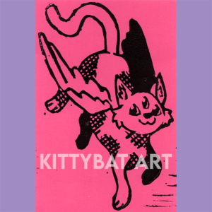 'winged kittybat' linoprint